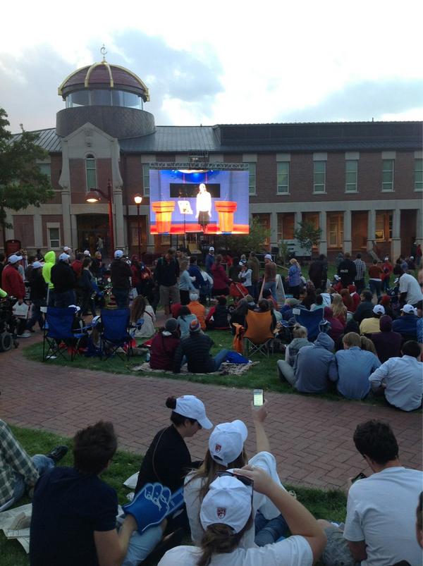 DenverChannel's tweet photo. CSPAN is now on the big screens. It's going to be a chilly watch party. High now 62. #debatefest #denverdebate #cowx http://t.co/DhLN1o0q