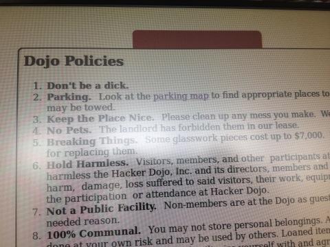 jlamba's tweet image. Love Hacker Dojo&apos;s #1 policy. Should be adopted broadly! #HackerDojo #BeNice