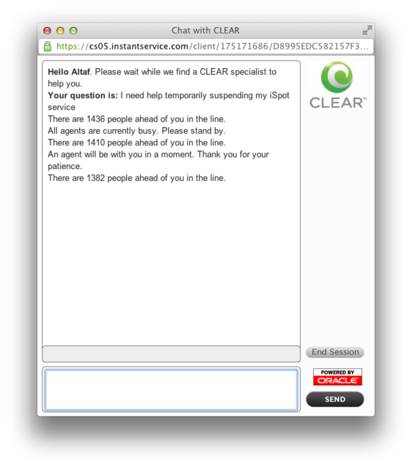 groovy's tweet photo. @CLEAR Seriously guys, your online chat service is ridiculous! 1436 people ahead of me. http://t.co/dcCWLqg1