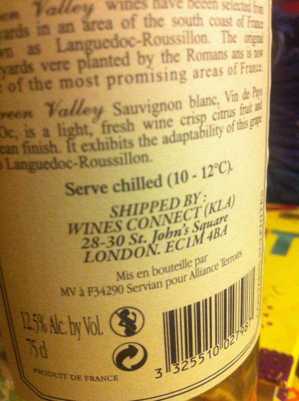 secretlunch's tweet photo. Drinking a bottle of plonk from 34290… That’s like only the other side of Pezenas from 34230… I should eat… http://t.co/AUznMsK9