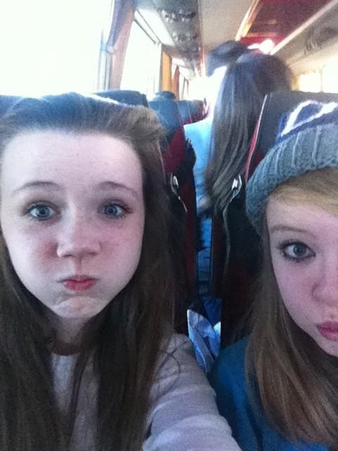 UniTards's tweet photo. Claire and amy chilling like villains on the bus ;) http://t.co/ePm8y1qY
