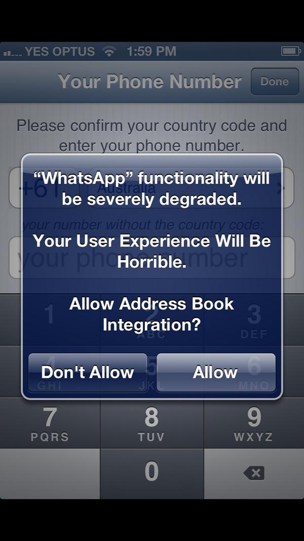 Topp_Chick's tweet image. Bit of an aggressive warning message from Whatsapp! Oh so Horrible, how could I dare Not Allow! #OverReactMuch?