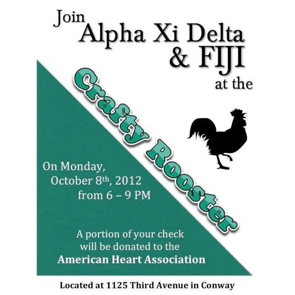 Come to the Crafty Rooster tonight from 6-9 to help us and FIJI raise money for the American Heart Association!