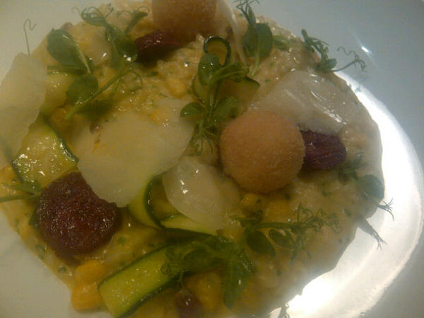 RyanJosten's tweet photo. New risotto@The Conservatory; sweet corn and chorizo risotto with cheddar cheese croquette, confit tomatoes. pull in. http://t.co/K6IMRfxq