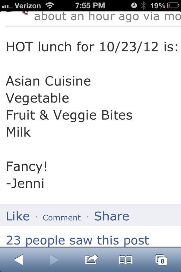 StevensonPTO's tweet photo. HOT lunch for 10/23 is:
#stevensontigersPTO 
@jrox4real http://t.co/iD3Sl14q