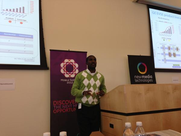JAMES_BLOMBERG's tweet photo. Marvin Green product lead for GE's Wattstation talking about the future of electric vehicles #gemobilesummit http://t.co/zT8lwOTM