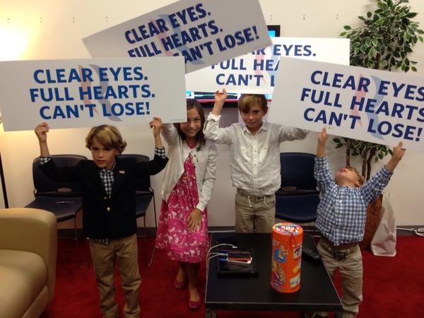 Cute photo of Romney Grandkids last night. Clear Eyes, Full Hearts, America Can't Lose. #RomneyRyan2012