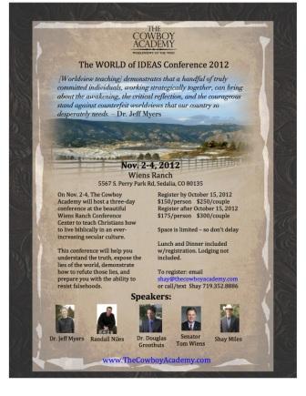 tomwiens's tweet image. Restore the American worldview: Dont miss World of Ideas 2012 Conference Nov. 2-4 at Wiens Ranch. bit.ly/hxZS9I
