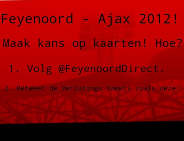 FeyenoordDirect's tweet image. Gratis naar de Klassieker? Retweet, volg &amp;amp; win zondag 2 kaarten voor Feyenoord-Ajax!