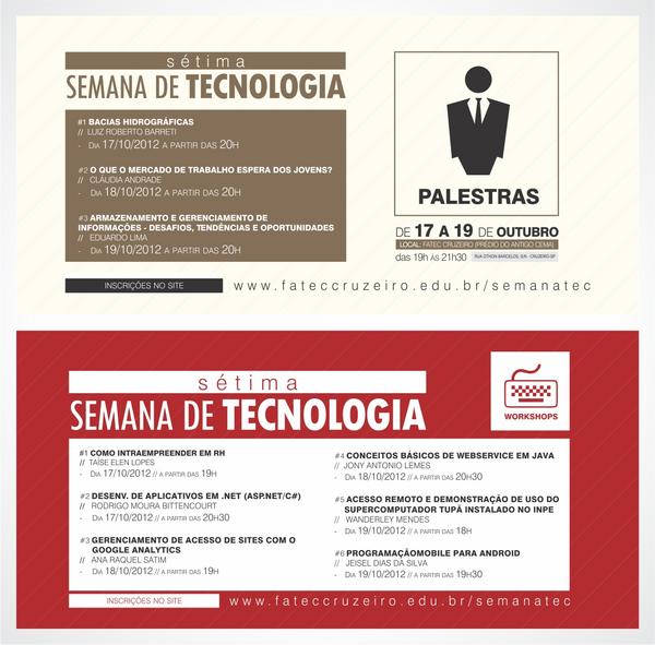 fateccruzeiro's tweet photo. Garanta sua vaga nos Workshops e Palestras na Sétima Semana de Tecnologia #semanatec http://t.co/inaueu4l http://t.co/R0E1UnIw