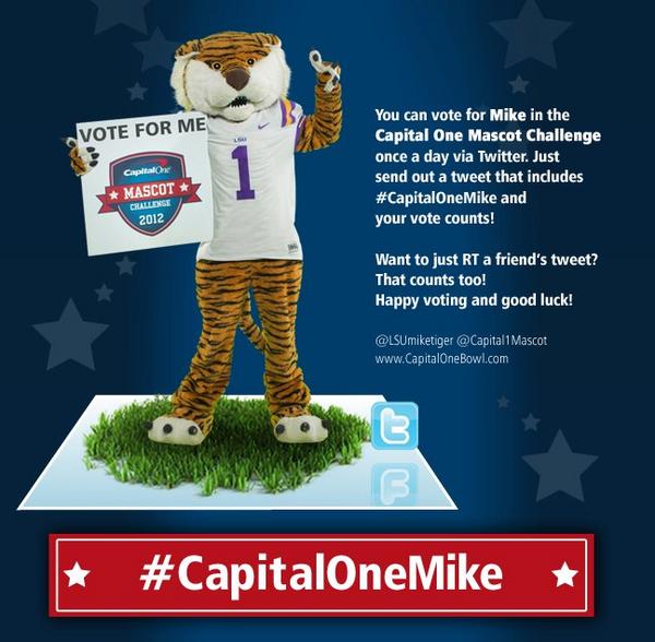LSU's tweet photo. #CapitalOneMike Vote for @LSUmiketiger to defeat @Truman_TheTiger! There can only be one apex predator in the #SEC. http://t.co/iWqRSeMK