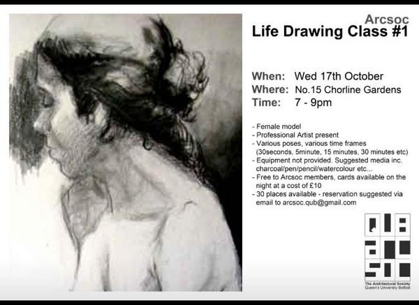 ArcSocQUB's tweet photo. Arcsoc's First Life Drawing Class tonight at 7pm - No 15 Chlorine Gardens
Free to all members
Membership available £10 http://t.co/AIpntPCw