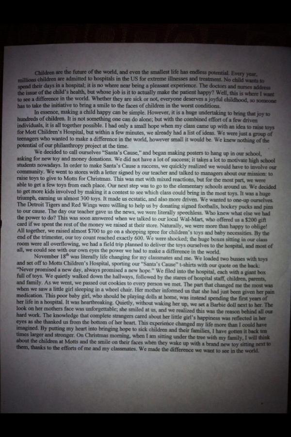 santascause1225's tweet photo. A former Santa's Cause member wrote this for her college entrance essay: http://t.co/EfYxpGX0