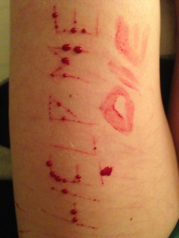 Painfullyempty's tweet image. *triggering* you know you're fucked up when you write in your own blood.