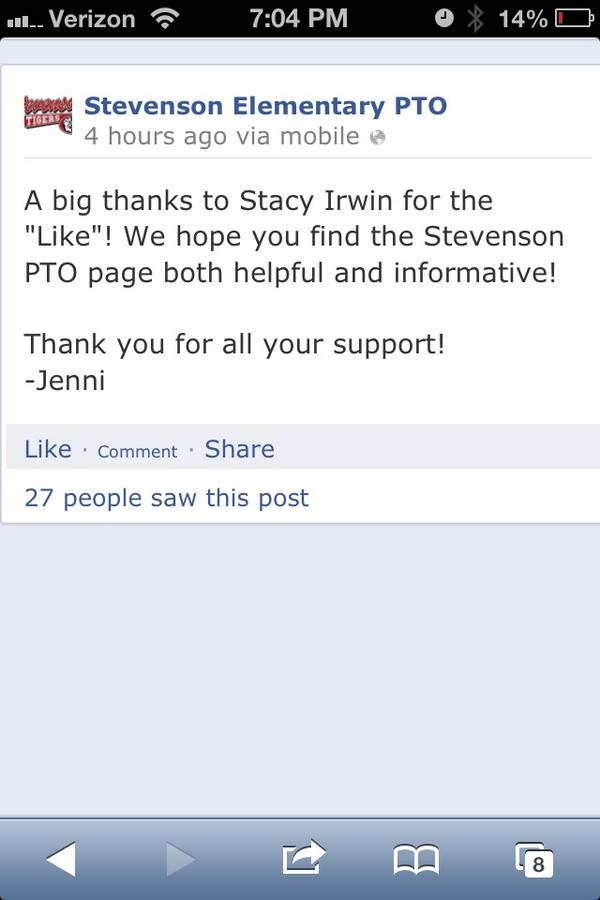 StevensonPTO's tweet photo. Thanks for the FB "Like" Stacy Irwin! 
You are 🐾🐾#pawsome!🐾🐾
#stevensontigersPTO 
@jrox4real http://t.co/IVxQa6Lc