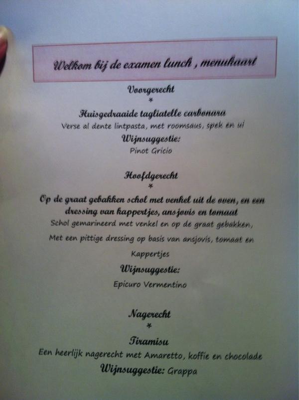 SammySteen's tweet photo. Menu examen bedacht door Karel met wijnsuggesties van Iris. Heerlijk! Goed gedaan! #TeamFifteen http://t.co/WqLRYXRt