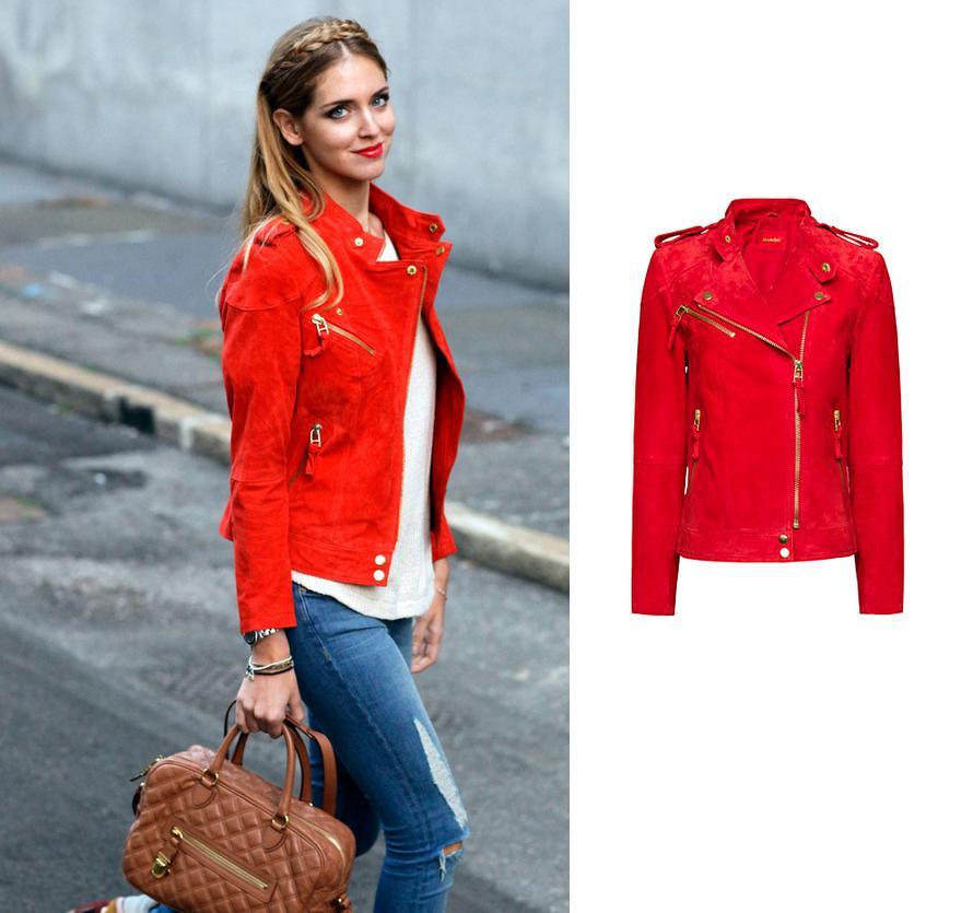 MANGO on X SPOTTED ChiaraFerragni choose a MANGO red suede biker jacket for this casual yet cool look http t 9Ukbf8EE X