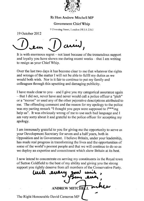 Andrew Mitchell's letter of resignation, 19 October 2012