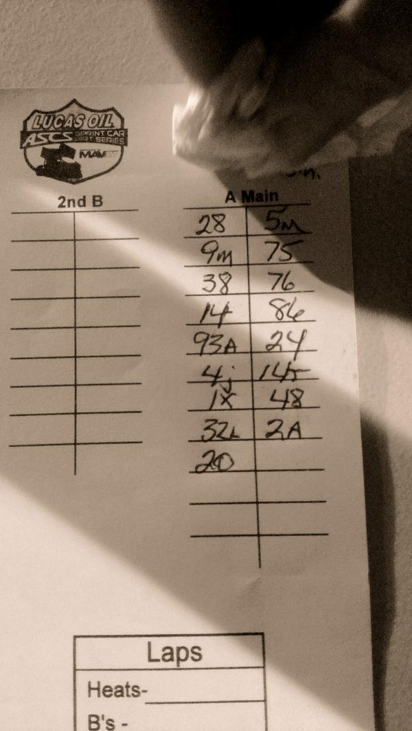 Tonights #ASCSWarrior A-main line up at Valley Speedway