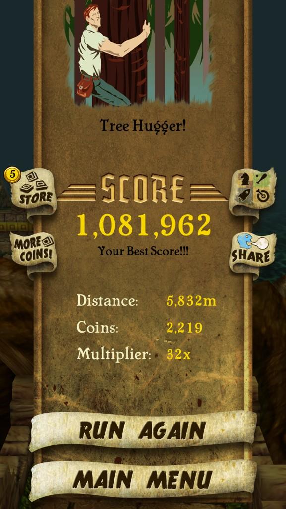 My score on Temple run