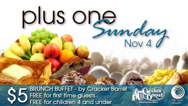 c3asheville's tweet photo. It's "Plus One" Sunday at C3 Church AVL - Bring a friend &amp; enjoy a Cracker Barrel brunch following the service... http://t.co/2yHKU6ou