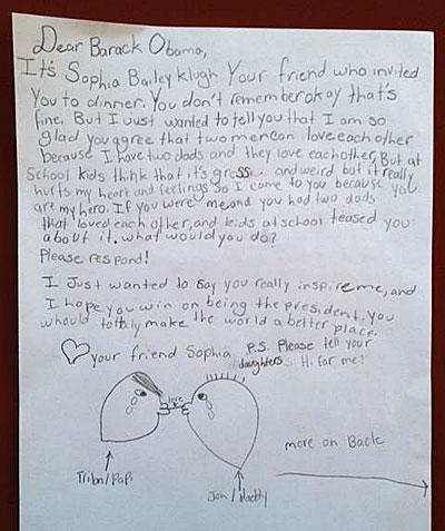 北丸雄二 Pa Twitter ディア バラク オバマ 10歳の少女の手紙 私はすごく嬉しい 男の人２人が愛し合うことに賛成してくれたから 私にはパパが２人いて２人は愛し合ってるから でも学校の友だちが 気持ち悪いってからかう 選挙に勝って あなたは私の