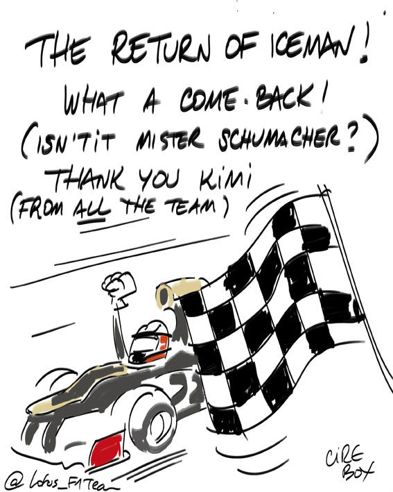 #F1 Live Cartoons; A win in his comeback year! There's only one #Kimi! RT for a chance to win the Iceman's gloves!