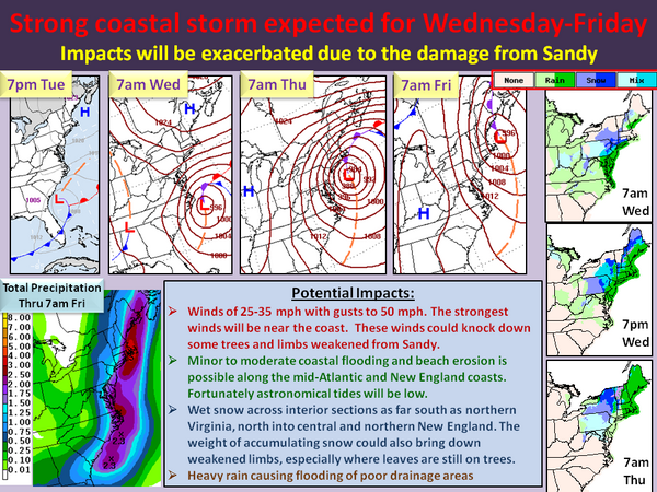 NWS's tweet photo. Significant #Noreaster appears likely for latter half of work week in Northeast U.S. Graphic courtesy @NWSEasternRegHQ http://t.co/qENJV5j4