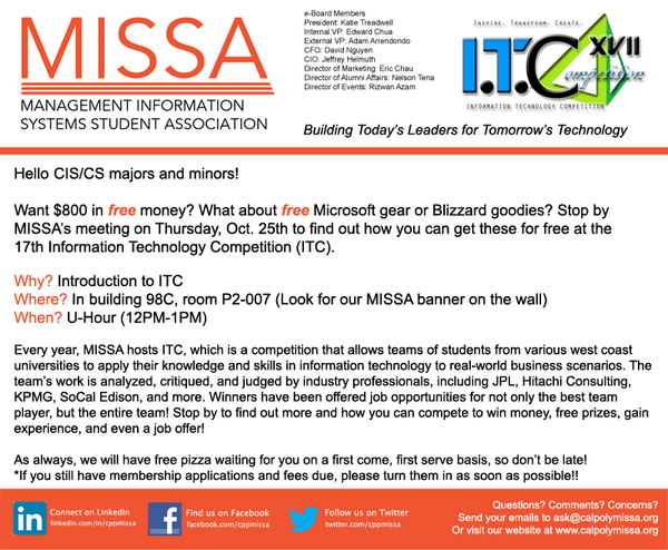 cppmissa's tweet image. MISSA's annual IT Competition will be giving out $800 plus goods from Microsoft and Blizzard! Read flyer for more info.