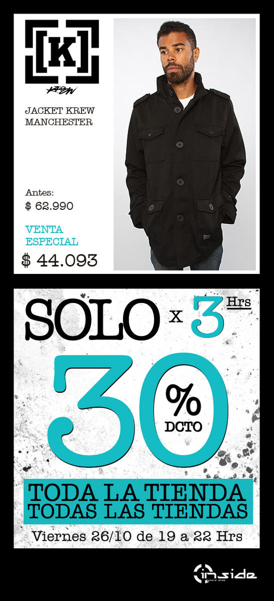 Insideshop's tweet photo. [MAÑANA] TODA LA TIENDA 30% DCTO / SOLO POR 3 Hrs ! - Viernes 26/10, de 19 a 22 Hrs. - TODO CHILE http://t.co/sCHmaGLB