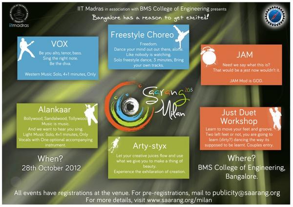 Saarang_IITM's tweet photo. Saarang Milan 2013 at #Bangalore on 28 October.  20K worth prize money and iPad up for grabs! http://t.co/Y3zvdhts