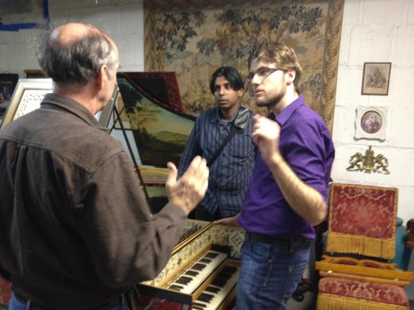 Harpsichordists Jeremy Joseph and Davide Mariano try out instruments at Curtis Berak's studio.