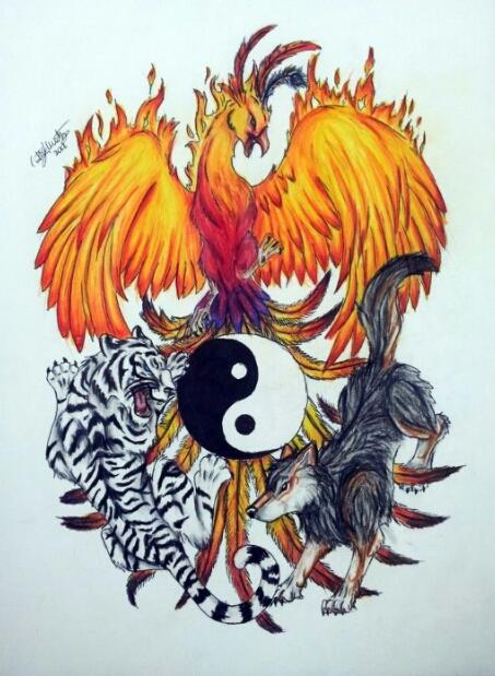 Eladha Designs på Twitter: "Wolf, phoenix & tiger tattoo! #wolf #fire # phoenix #tiger #peace #yinyang #white #color #design #tattoo #art http://t.co/JizfRnWN" / Twitter