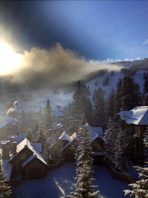 The sunrise peaking through the cloud made by the snow guns at Beaver Creek! #WinterIsBack