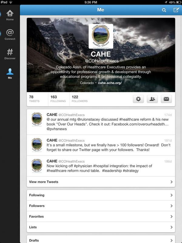 COHealthExecs's tweet photo. A sweet new look on the iPad twitter app. Look for upcoming events here from CAHE! http://t.co/GyjPE2bM