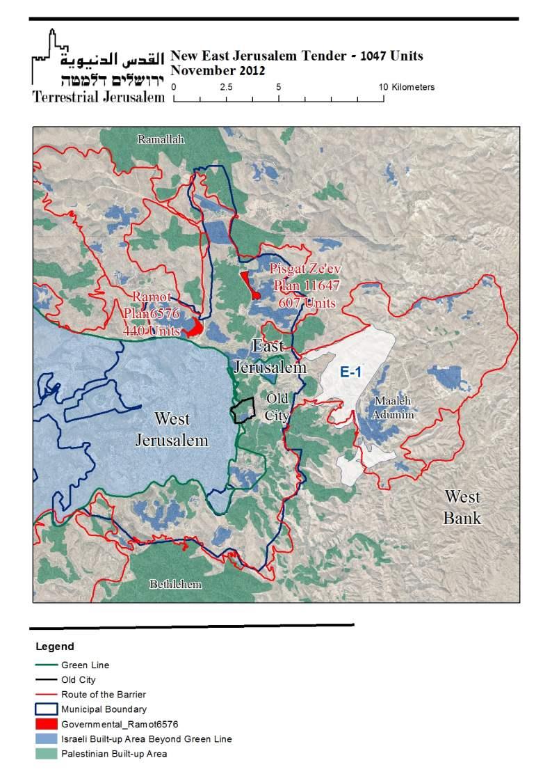 Map of Jerusalem-area settlement construction from Terrestrial Jerusalem via Daniel Seidemann