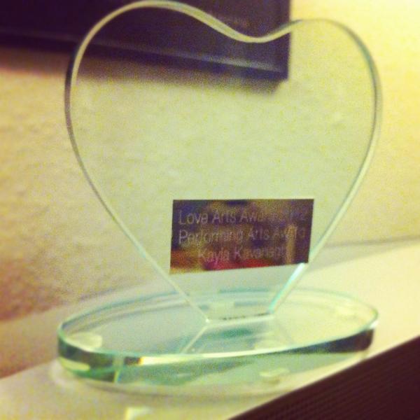 KaylaKavanagh's tweet photo. Kayla wins 2012 @LoveArtsLeeds Performing Arts Award: http://t.co/QjD6BeI4 Beautiful trophy: http://t.co/5nUzHhpZ