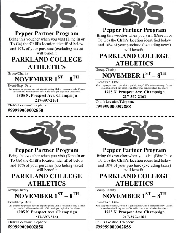 Support Parkland Athletics Nov 1-8 by eating at Chili's! Take this coupon and 10% goes to Athletic Dept! #cobrapride