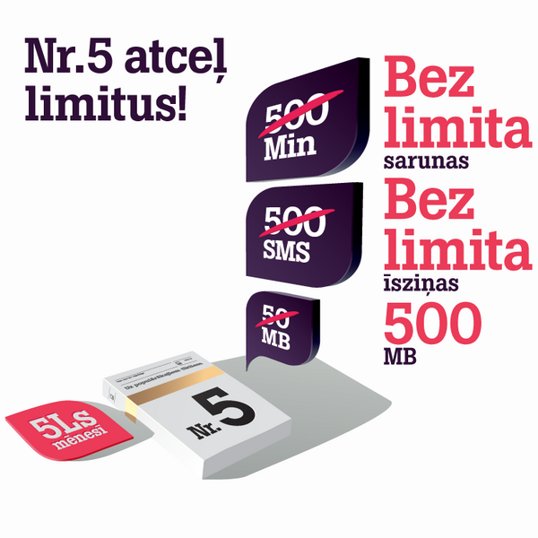 Uzmanību! Tarifs Nr. 5 atceļ limitus! No šodienas zvani un sūti SMS bez limita, turklāt komplektā - 500 MB datu!