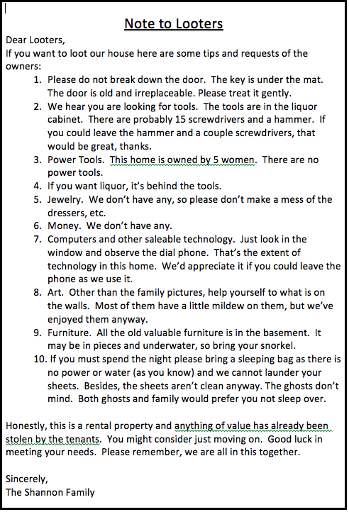 CIQShannon's tweet photo. @rnadworny @Stoweflake Our note to Looters: http://t.co/GQ5GzsWO