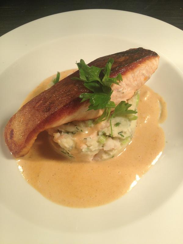 clocktowerrest's tweet photo. On the specials this week... Roast salmon fillet on prawn champ with shellfish cream http://t.co/frU6DpvZ