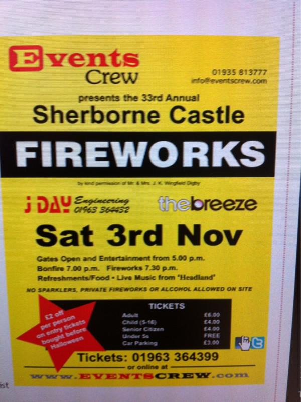 Sherborne Castle Fire Works tonight. Gates open from 5pm. Get yourself to the best fire works display around!