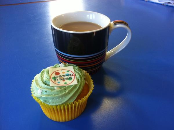 DerwenCollege's tweet photo. Yum! Just enjoying a cup of tea with a @BBCCiN Children in Need cupcake... http://t.co/Sy6RAzFw