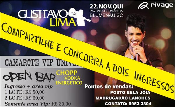 FurbParties's tweet photo. Que tal ir pro camarote #openbar no show do #gusttavolima quinta(23/11) em Blumenau? Entao de retweet e concorra! http://t.co/XMY7O8NV
