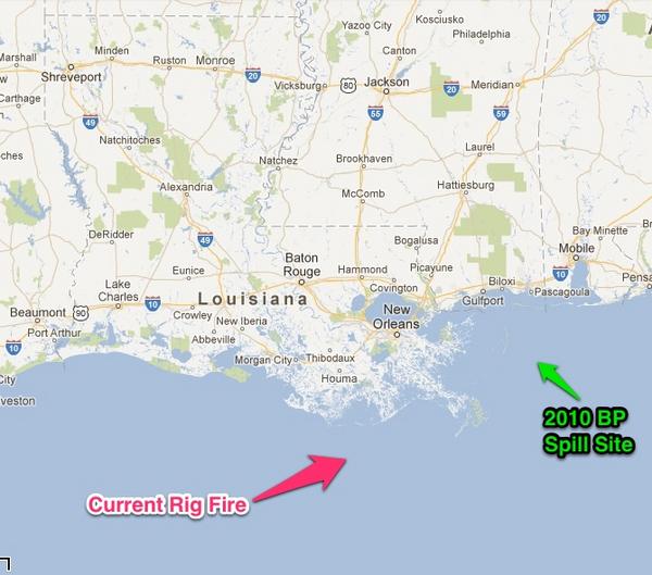 nowthisimpact's tweet image. For comparison, here are the rough locations of the current #Platformfire, vs. the 2010 #BP Deepwater Horizon Spill.