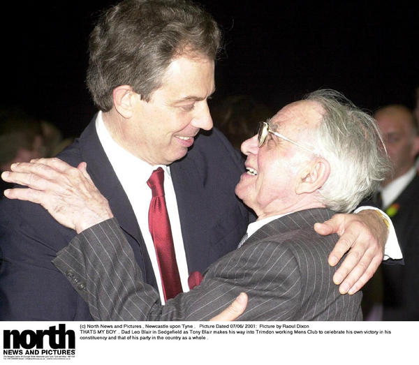 northnews's tweet photo. Very sad to hear Leo Blair has died ..i remember the pic i took on election night when he embraced Tony Blair http://t.co/4AsqXF0A