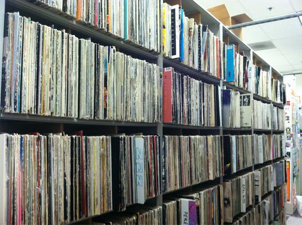 Perusing the stacks at KALX. Aaaah college radio.