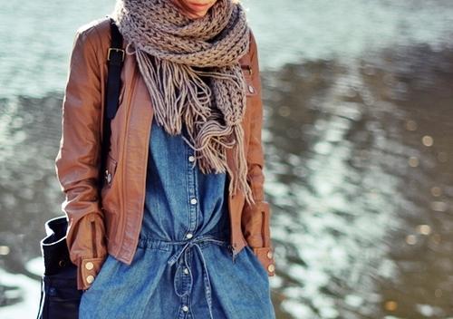 clothesporn's tweet photo. #belteddenimshirtdress #leatherjacket #scarf #clothesporn http://t.co/RnoC7iVj