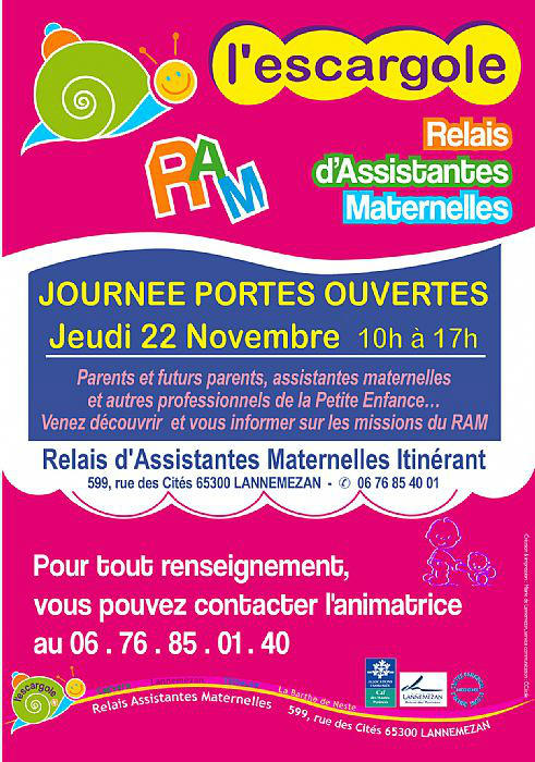 Le RAM L'Escargole, Relais d'Assistances Maternellles organise une journée PORTES OUVERTES le jeudi 22 novembre.