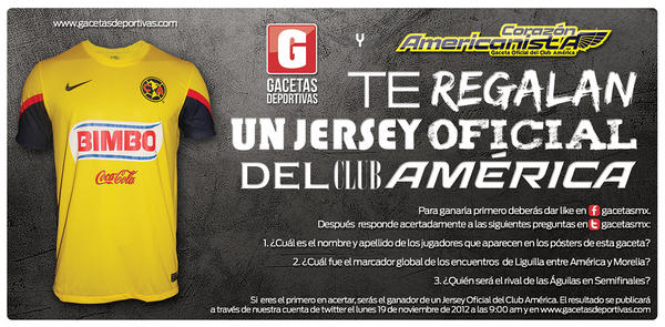 gacetasmx's tweet photo. Gánate un Jersey del América @CF_America ¡Busca tu gaceta en los accesos del Estadio Azteca! http://t.co/kLupyk6U